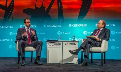 H.E. Dr. Sultan Ahmed Al Jaber (left), UAE Minister of State and ADNOC Group CEO, discusses ADNOC?s strategic move downstream with IHS Markit Vice Chairman Daniel Yergin (right) at CERAWeek in Houston, Texas.