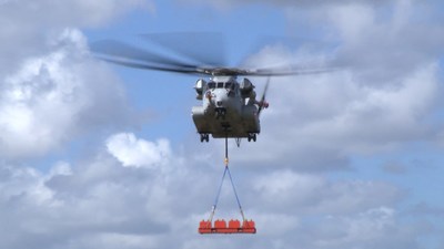 The Sikorsky CH-53K helicopter achieves a 36,000-pound lift for the first time at Sikorsky Development Flight Center in West Palm Beach, Florida, on Feb. 10, 2018. Image courtesy Sikorsky, a Lockheed Martin Company.