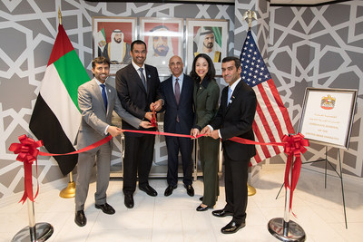 Ambassador Yousef Al Otaiba participated in a ribbon cutting ceremony celebrating the official opening of the UAE Consulate in Houston with UAE Minister of Energy Suhail Mazroui, UAE Minister of State Dr. Sultan Al Jaber, UAE Consul General in Houston Saeed Al Mehairi and Houston City Council Member Amanda Edwards.