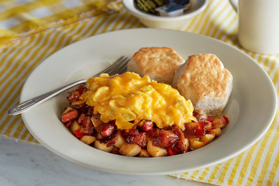 The Ham n’ Maple Bacon Bowl offers savory maple pepper bacon, hickory-smoked country ham, and sugar cured ham, tossed in sweet maple onion jam with new sweet pepper n’ red skin hash and two scrambled eggs, and is topped with shredded Colby cheese and served with made from scratch buttermilk biscuits, real butter, and preserves.
