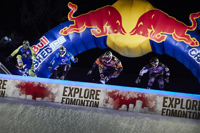 Cameron Naasz of the United States, Derrek Coccimiglio of Canada, Antti Tolvanen of Finland and Richard Van Wijhe of Sweden compete during the finals at the tenth and final stage of the ATSX Ice Cross Downhill World Championship at the Red Bull Crashed Ice in Edmonton, Canada on March 10, 2018. Photo credit: Andreas Langreiter / Red Bull Content Pool (CNW Group/Red Bull Canada)