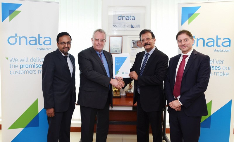 LTR: Ashok Rajan - SVP & Head of Airline Cargo Services, IBS; Bernd Struck – SVP, UAE Cargo & DWC Airlines Services, dnata; V K Mathews - Executive Chairman of the IBS Group; Rosario Marino – SVP, International Airport Operations, dnata. (PRNewsfoto/IBS Software)