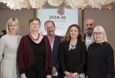 VISITFLANDERS announces record setting 120% increase in Canadian visitor statistics at the Launch of Peace Year this month in Toronto ? L-R Jennifer Backus, Air Canada, Veerle Viaene VISITFLANDERS Ian Cowan, Connection Custom Travel, Corinne MacLellan VISITFLANDERS, Wael Seif, Brussels Airlines. (CNW Group/VISITFLANDERS)