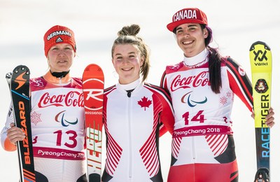 Mollie Jepsen (centre) and Alana Ramsay (right) took over the women’s standing Super Combined podium, netting a gold and bronze medal for Canada. The silver medal went to Germany’s Andrea Rothfuss (left) (CNW Group/Canadian Paralympic Committee (Sponsorships))