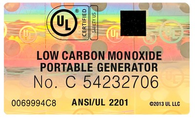 Generators certified to ANSI/UL 2201 will bear this holographic mark with a unique file number that can be searched in UL's online certifications directory to verify the validity of the certification.