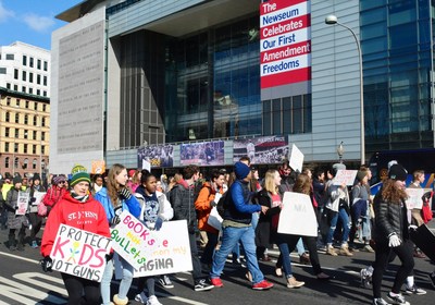 Students participating in a national school walkout to protest gun violence marched from the White House to the U.S. Capitol on March 14. Their route down Pennsylvania Avenue passed in front of the Newseum and its 75-foot high tablet engraved with the 45-words of the First Amendment. Photo courtesy Michael Bateman/Newseum