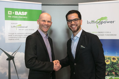 Sean Drygas (left), Vice President, Finance and Corporate Development, Bullfrog Power, and Marcelo Lu, President of BASF Canada, at GLOBE Forum 2018 in Vancouver BC, celebrate the launch of a new environmental partnership between the two companies. (CNW Group/Bullfrog Power)