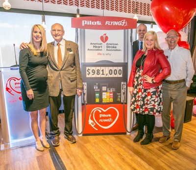 Pilot Flying J Founder and Chairman Jim Haslam and Ken Parent, President of Pilot Flying J, announce the company’s $981,000 donation to the American Heart Association (from left to right: AHA Metro Knoxville and Tri-Cities Executive Director Beverly Miller; Pilot Flying J Founder and Chairman Jim Haslam; AHA Senior Vice President Aaron Bishop; AHA National Director for Field Corporate Relations Lauren Lemmons; and Pilot Flying J President Ken Parent).