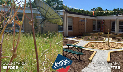 Georgia United Credit Union team members worked with contractors to transform the Canby Lane Elementary' s overgrown courtyard to an outdoor classroom. This photo was taken during the 2017 School Crashers main 