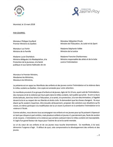 Lettre d'appui de la Fondation du Dr Julien et de la Fondation Jasmin Roy. (Groupe CNW/Fondation du Dr Julien)