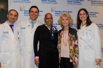 Yvonne Fleming, the first heart transplant recipient on Long Island, celebrates her discharge from Sandra Atlas Bass Heart Hospital with the hospital’s benefactor and her treatment team:  (from left to right) Dr. Syed Hussain, lead heart procurement surgeon, Dr. Brian Lima, Director, Heart Transplantation Surgery, Sandra  Atlas Bass, and  Dr. Gerin Stevens, Medical Director, Cardiac Transplantation.