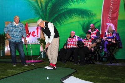 The excitement and pressure were on at Live! Casino & Hotel Thursday night as professional golfer John Daly took on David Cordish, Chairman of The Cordish Companies, in a head-to-head golf challenge. The ‘David vs. Daly’ showdown ended in a one-stroke victory for the “Wild Thing” as John Daly sunk a hole-in-one on the third and final green.