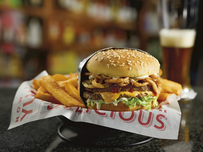 The southern-inspired Cowboy Ranch Tavern Double is a flavor-packed burger that features two fire-grilled patties, topped with bourbon-infused Whiskey River® BBQ Sauce, ranch, crispy onion straws, American cheese and lettuce on a sesame seed bun