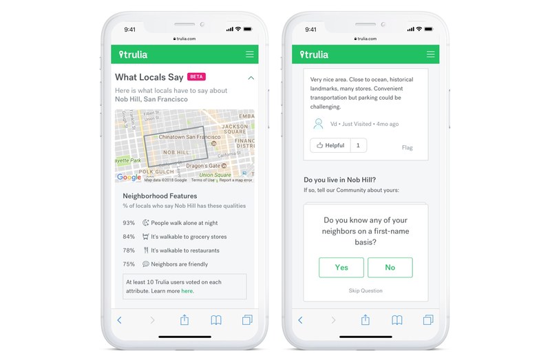 Trulia's What Locals Say feature provides house hunters with neighborhood insights straight from locals. While reviews highlight what locals love about their neighborhood, the polls reveal whether most locals talk to their neighbors, see people walking their dogs around the block, decorate their homes for the holidays, can find easy parking, take care of their yards, and more.