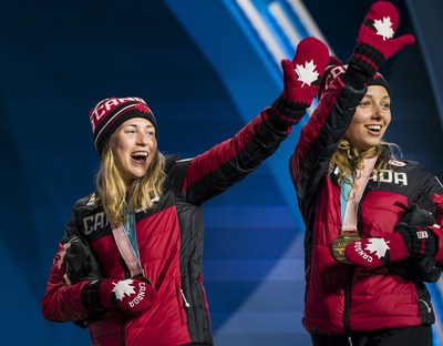 17-year-old Natalie Wilkie (right) is a Paralympic champion thanks to her gold medal in the 7.5KM women’s standing cross-country race. She was joined on the podium by teammate Emily Young (left), a bronze medallist for her first Paralympic medal (CNW Group/Canadian Paralympic Committee (Sponsorships))
