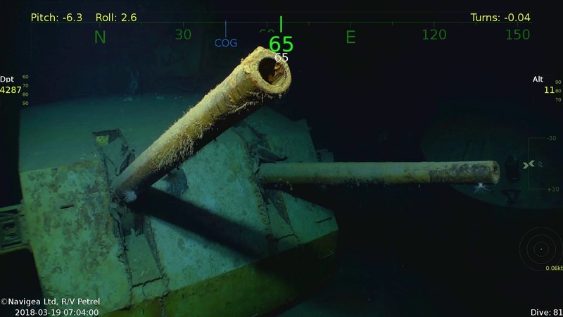 Twin five-inch guns from port side of the USS Juneau. Photo courtesy of Paul G. Allen.