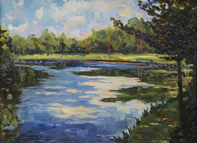 Winston Churchill, Lake Near Breccles in Autumn, c. 1930, Oil on canvas, 22 x 29 in., Collection of the family of the late Julian Sandys, © Churchill Heritage Limited, Courtesy of Heather James Fine Art