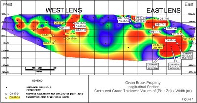 Orvan Brook Property - Longitudinal Section - Contoured Grade Thickness Values of (Pb + Zn) x Width (m) (CNW Group/Wolfden Resources Corporation)