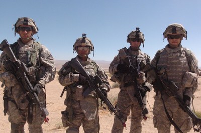 Soldiers from the 937th Engineer Company wearing the MILES gear for training at NTC, Aug. 11. (U.S. Army photo by Pfc Chalon Hutson)