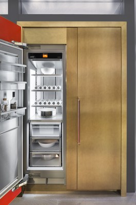 Liebherr's new Monolith refrigerator featuring custom-aged bronze panels. An impressive 84 inches from top to bottom, Monolith is a literal tower of achievement in cooling.