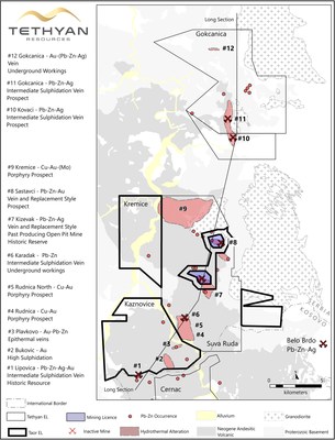Figure 1: District scale map of the Ra?ka lead and zinc mining district in Southern Serbia where Tethyan is consolidating exploration license holdings. Also shown are the multiple known exploration targets and historical mines. (CNW Group/Tethyan Resources PLC)