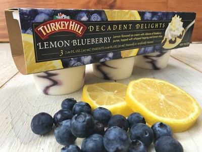 Turkey Hill Dairy's Decadent Delights parfait selection features ice cream swirled with ribbons of fruit puree topped with whipped topping and chocolate chips. Parfait flavors include Mixed Berry, Strawberry, and Lemon Blueberry.