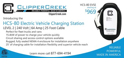 The HCS-80 is a Level 2, 240 Volt electric vehicle charging station. It offers a 25' charging cable, a fully sealed NEMA 4 enclosure, and is ETL listed. It is offered at just $969.