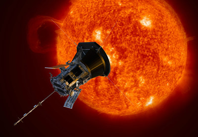This illustration of NASA’s Parker Solar Probe depicts the spacecraft traveling through the Sun’s outer atmosphere. Humanity’s first mission to a star, Parker Solar Probe is scheduled to launch July 31, 2018. Credit: JHU APL