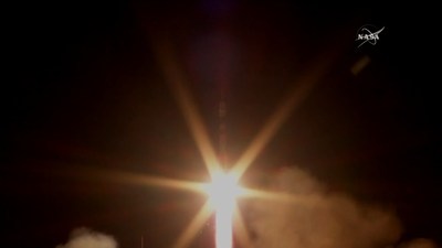 The Soyuz MS-08 spacecraft carrying NASA astronauts Drew Feustel and Ricky Arnold, and Oleg Artemyev of the Russian space agency Roscosmos, lifts off from the Baikonur Cosmodrome in Kazakhstan at 1:44 p.m. EDT March 21, 2018 (11:44 p.m. Baikonur time). The crew is scheduled to dock to the International Space Station at 3:41 p.m. March 23, 2018. Credit: NASA Television