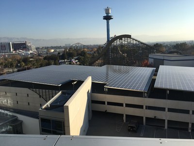 Solar panels covering the upper level of the Towers at Great America parking structure, providing clean, renewable electricity and shaded parking.