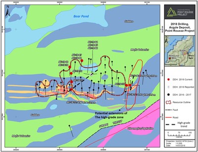 Exhibit A. A geological map of the Argyle area showing the deposit outlined in red, the location of recent drilling and potential extensions of the high-grade intersections outlined by holes AE-17-58 and AE-18-74. (CNW Group/Anaconda Mining Inc.)