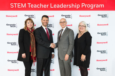Honeywell and Georgia Tech announce innovative STEM Teacher Leadership Program at Georgia Tech for Metro Atlanta middle and high school teachers. Pictured left: Kerry Kennedy, Director, Honeywell Global Corporate Citizenship; Jamshed Patel, Site Leader and Vice President, Honeywell Atlanta Software Center; Dr. Rafael Bras, Provost, Georgia Tech; and Dr. Lizanne DeStefano, Executive Director of CEISMC, Georgia Tech