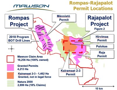 Figure 1: Permit areas at the Rompas-Rajapalot Project in Finland. (CNW Group/Mawson Resources Ltd.)