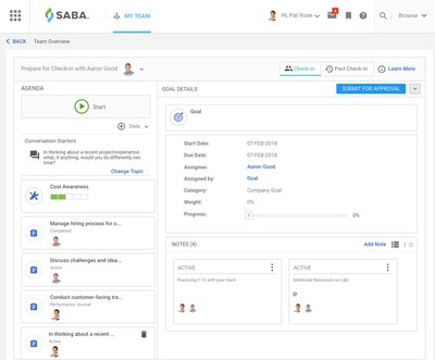 Saba Cloud’s workboard for check-ins is a simple, real-time meeting format that supports ongoing performance conversations in an organized and trackable way (CNW Group/Saba Software)