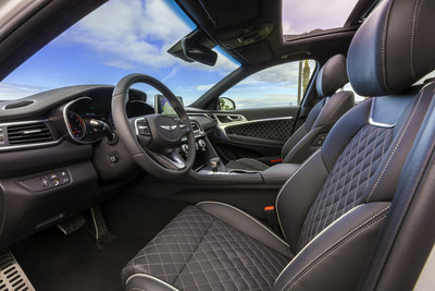 Genesis designers specified genuine brushed aluminum surfaces, quilted Nappa leather seats, stainless steel speaker grilles, and premium stitched soft-touch surfaces throughout the interior.