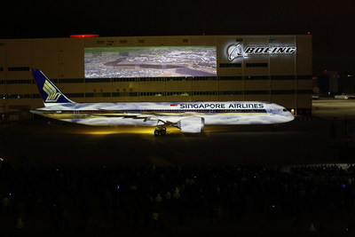 Boeing and Singapore Airlines today celebrated the delivery of the first 787-10 airplane, the newest and largest member of the Dreamliner family and a jet that will set a new global standard for fuel efficiency. The airplane is seen here outside of Boeing South Carolina, during a delivery celebration attended by about 3,000 people. (Joshua Drake photo)