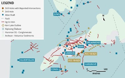 Figure 1. Bedrock geology and location of drilling stations. Silver-cobalt veins are compiled from historic maps and locations should not be considered exact. (CNW Group/First Cobalt Corp.)