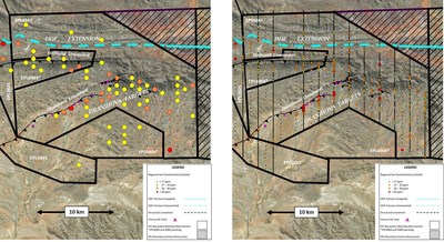 Figure 2 – Comparison of cobalt ICP soil anomalies from regional grid sampled over the eastern half in 2014 (left) and from detailed grid reported March 26, 2018 (right). Regional sample lines are 1 km apart with sample spacing of 1 km. Detailed grid sample lines are 1 km apart with alternating sample spacing of 500 m and 100 m along sample lines. Sampling gaps on detailed grid due to missing samples in archive. (CNW Group/Namibia Rare Earths Inc.)