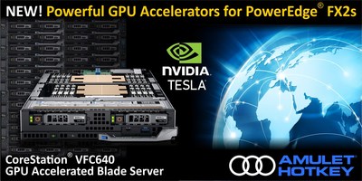 For the first time, powerful NVIDIA Tesla data center GPUs can be used in the industry leading Dell EMC PowerEdge FX architecture. The Amulet Hotkey CoreStation VFC640 GPU accelerated blade server provides market leading densities and efficiency. It is a powerful and agile platform that can handle a broad range of workloads. Support up to 128 graphics accelerated virtual desktops to simplify migration to Windows 10. Use with compute frameworks or HPC applications to enhance compute performance. (CNW Group/Amulet Hotkey Ltd.)