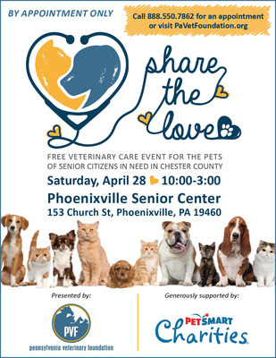 The Share the Love veterinary care event will be from 10:00 am to 3:00 pm BY APPOINTMENT ONLY for dogs and cats of local senior citizens.