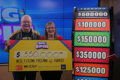 Neil and Leona Freeman of Barrie celebrate after spinning THE BIG SPIN Wheel at the OLG Prize Centre in Toronto to win $350,000. The Freemans won a top prize with OLG’s INSTANT game – THE BIG SPIN. (CNW Group/OLG Winners)