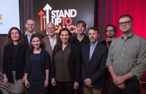 Phillip A. Sharp, PhD, (fourth from left) with scientists named as recipients of the 2018 Stand Up To Cancer Phillip A. Sharp Innovation in Collaboration Awards. Left to right: Marta Luksza, PhD, formerly at the Institute for Advanced Study at Princeton, New Jersey, moving to the Icahn School of Medicine at Mount Sinai; Trevor Pugh, PhD, Princess Margaret Cancer Center; Michal Sheffer, PhD, Dana-Farber Cancer Institute; Dr. Sharp; Claire F. Friedman, MD, Memorial Sloan Kettering Cancer Center.