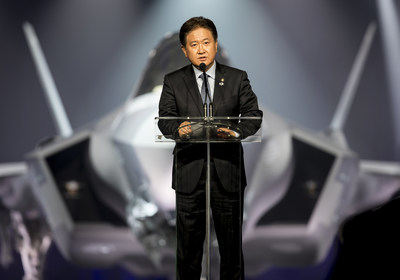 Mr. Suh, Choo-suk, Republic of Korea’s Vice Minister of National Defense, speaks in front of the first Republic of Korea F-35A in a special ceremony at Lockheed Martin in Fort Worth, Texas, March 28. Lockheed Martin photo by Angel Delcueto