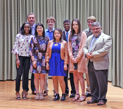 EECU awarded $40,000 in scholarships to D/FW area high school seniors. Eight students will each receive $5,000 for their college expenses. Representing EECU were back row left EECU President & CEO Lonnie Nicholson and front row right EECU Board member Frank Molinar.  Student EECU scholarship winners from left:  Alena Williams, Fossil Ridge High School; Hannah Lei, Arlington High School; Bryan Shortt, Richland High School; Sonia Diaz, Young Woman’s Leadership Academy; Trevor Hall, Oakridge High S