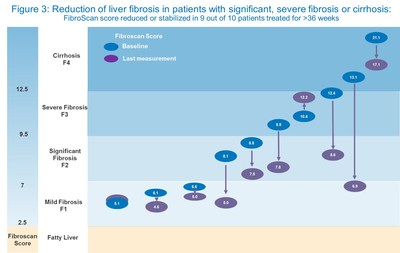 Figure 3: Reduction of liver fibrosis in patients with significant, severe fibrosis or cirrhosis (CNW Group/ProMetic Life Sciences Inc.)