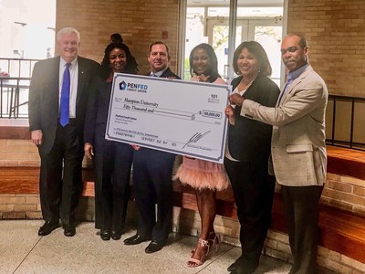 PenFed President and CEO, James Schenck, presented a $50,000 check to Dr. Ziette Hayes, Dean of Hampton University's School of Business. Pictured Left to Right: Colonel Robert W. Siegert, III, USA (Ret.), Dr. Ziette Hayes, Hampton University, James Schenck, PenFed Credit Union, Dr. Carol Stith, Dr. Sylvia W. Rose Esq., Assistant Dean of Hampton University's School of Business, and Rocky Mitchell, EVP Fixed Global Assets, PenFed Credit Union