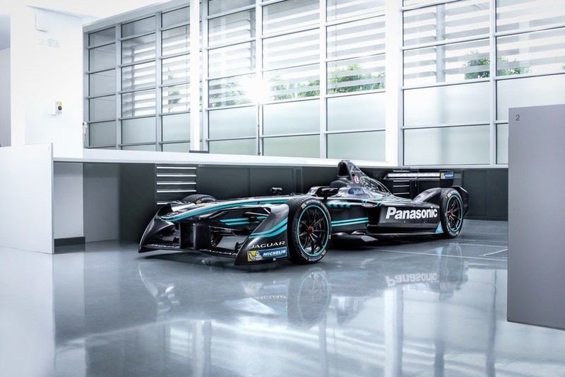 Racing to open the 2018 New York International Automobile Show: Panasonic Jaguar Formula E race car.