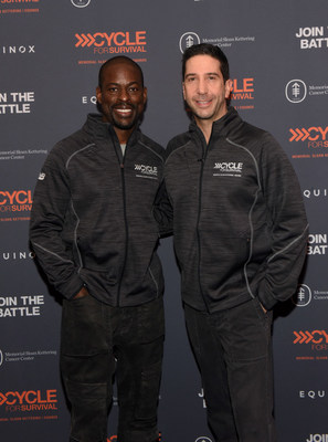 Actors David Schwimmer and Sterling K. Brown show their support for Cycle for Survival, the movement to beat rare cancers, at an event in an Equinox club in New York. 100 percent of every dollar raised goes to groundbreaking rare cancer research led by Memorial Sloan Kettering Cancer Center, which owns and operates Cycle for Survival. (Photo by Diane Bondareff/Invision for Cycle for Survival/AP Images)