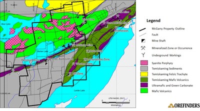 Geology and Mineralized Zones on McGarry Property - Figure 2 (CNW Group/Orefinders Resources Inc.)
