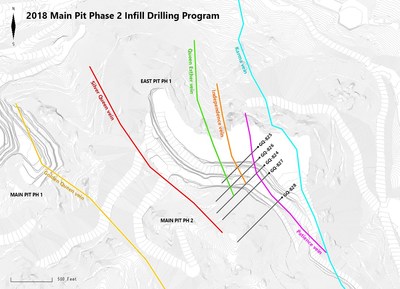 *Drawing illustrates the farthest extents of both the current modeled resources/reserves and the structures of interest to the drilling program.  The Slusher vein is a small, but slightly higher-grade vein that has been noted from historic maps and from exposures in the East Pit wall.  This vein is located slightly east of the Patience zone and appears to merge with the Patience zone between drill holes GQ-827 and GQ-828.  The Slusher vein was not included in the 2015 Technical Report. (CNW Group/Golden Queen Mining Co. Ltd.)